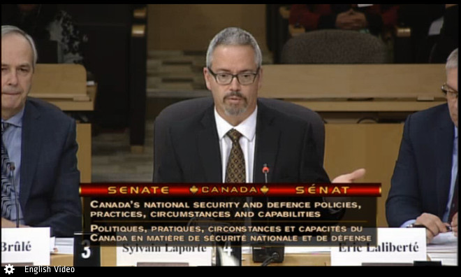 Canadian Space Agency President Sylvan Laporte testifying at the Proceedings of the Standing Senate Committee on National Security and Defence on Nov. 21, 2017.