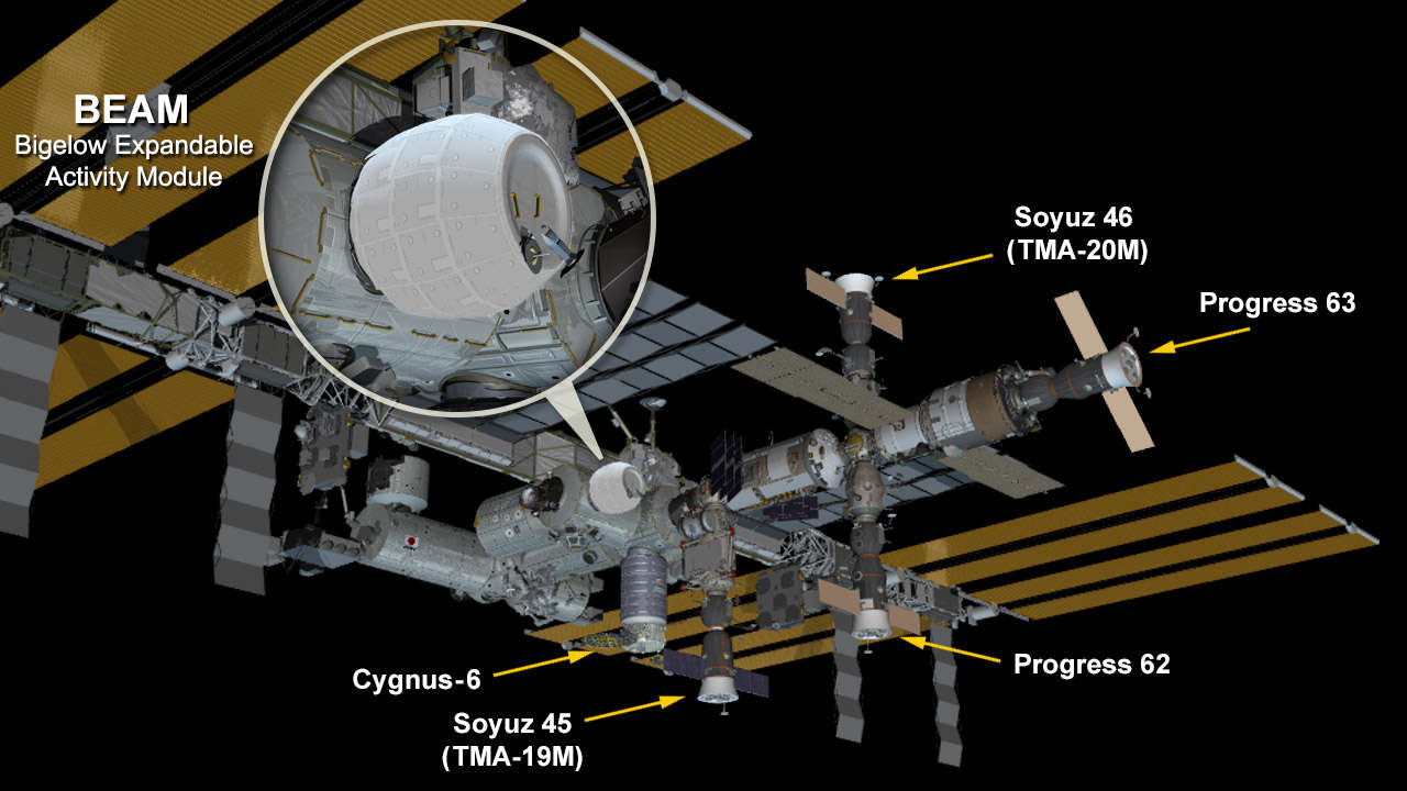 The space station now hosts the new fully expanded and pressurized Bigelow Expandable Activity Module attached to the Tranquility module