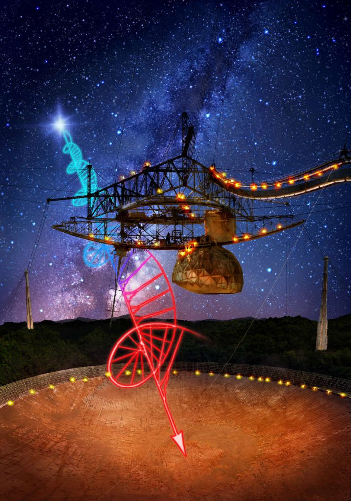 The 305-metre Arecibo telescope, in Puerto Rico, and its suspended support platform of radio receivers is shown amid a starry night. A flash from the Fast Radio Burst source FRB 121102 is seen: originating beyond the Milky Way, from deep in extragalactic space. This radio burst is highly polarized, and the polarized signal gets twisted as a function of radio frequency because there is an extreme region of magnetized plasma between us and the source of the bursts