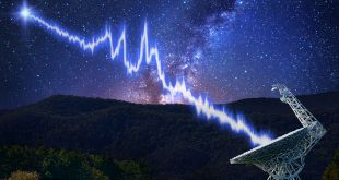 The 100-metre Green Bank telescope, in West Virginia, is shown amid a starry night. A flash from the Fast Radio Burst source FRB 121102 is seen travelling toward the telescope