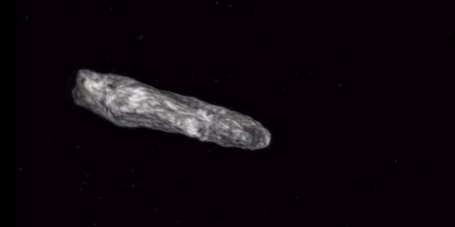 This artist's concept from an animation shows the interstellar asteroid 1I/2017 (`Oumuamua