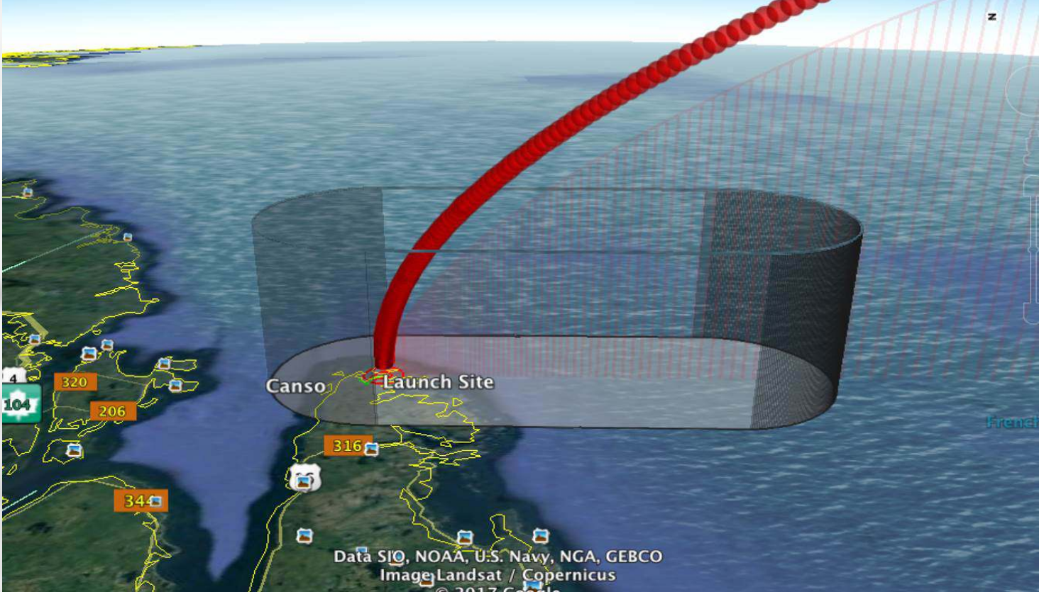 The launch trajectory would be specific to each particular mission. However, all launches would be conducted to the south over the Atlantic Ocean, similar to what is depicted below