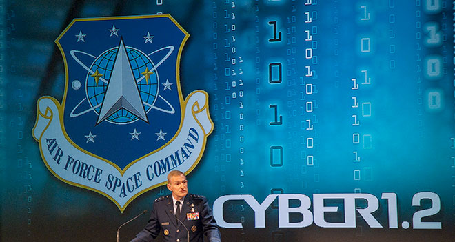 Lt. Gen. Michael J. Basla, Chief, Information Dominance and Chief Information Officer, Office of the Secretary of the Air Force speaks at the National Space Symposium Cyber 1.2 conference