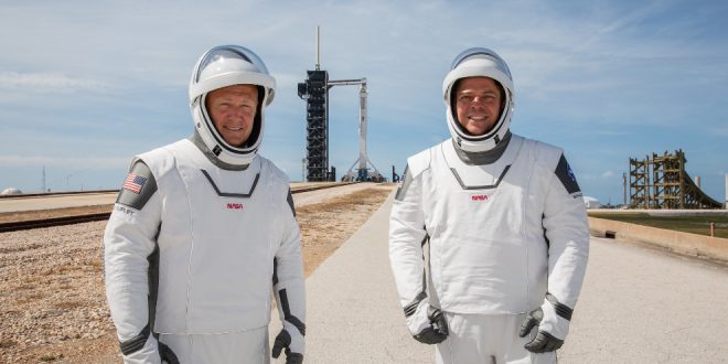 NASA astronauts Douglas Hurley (left) and Robert Behnken (right) participate in a dress rehearsal for launch at the agency’s Kennedy Space Center in Florida on May 23, 2020