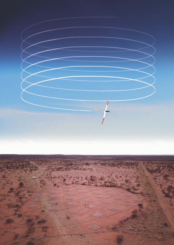 Artist illustration of the Stratodynamics HiDRON flying over the Western Australia Square Kilometre Array to help calibrate the telescope.