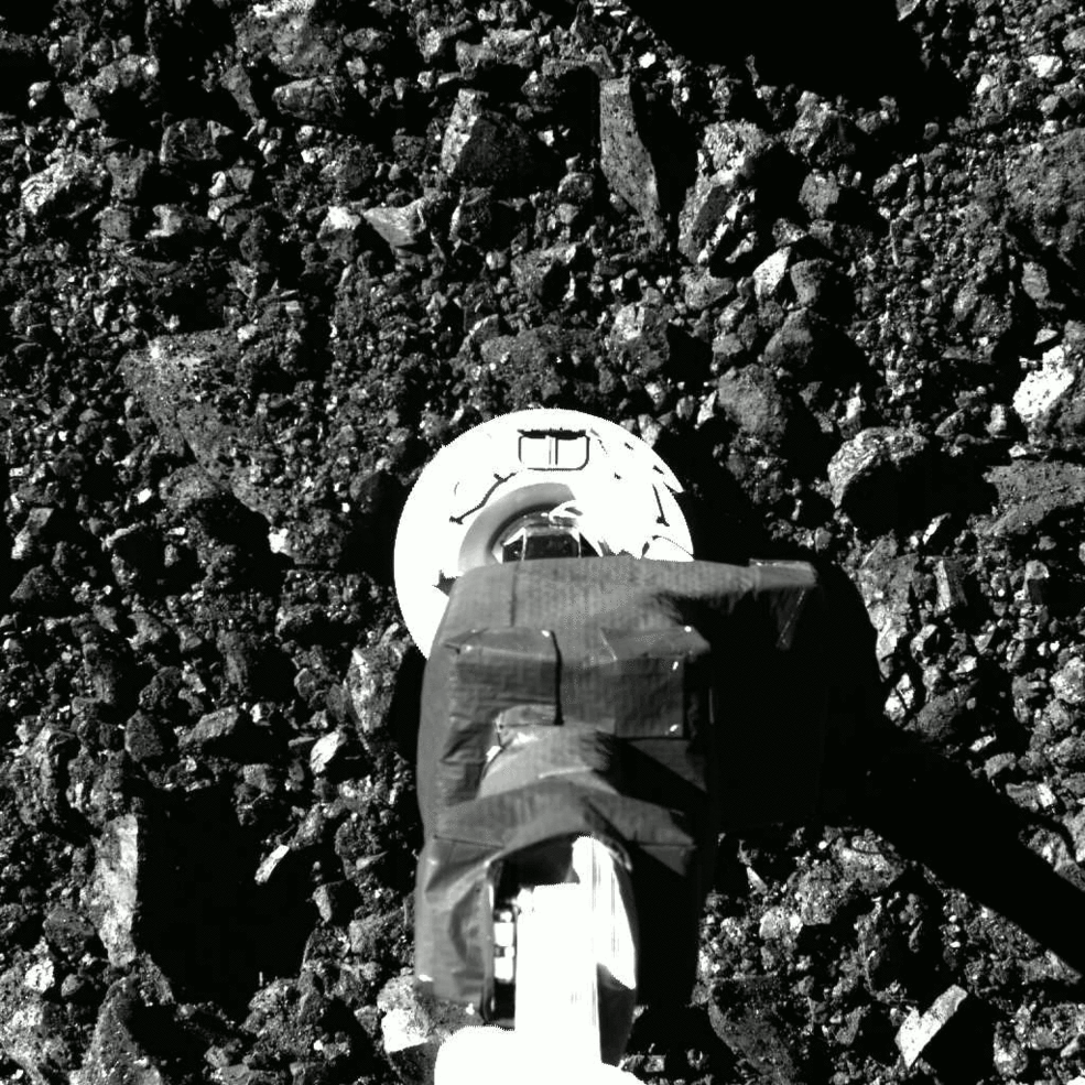 Captured on Oct. 20 during the OSIRIS-REx mission’s Touch-And-Go (TAG) sample collection event, this series of 2 images shows the SamCam imager’s field of view at the moment before and after the NASA spacecraft touched down on asteroid Bennu’s surface. The sampling event brought the spacecraft all the way down to sample site Nightingale, and the team on Earth received confirmation of successful touchdown at 6:08 p.m. EDT. Preliminary data show the sampling head touched Bennu’s surface for approximately 6 seconds, after which the spacecraft performed a back-away burn.