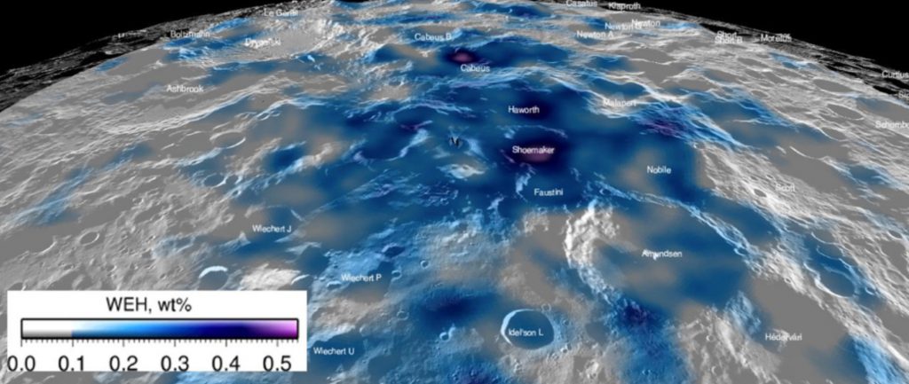 LEND polar water equivalent hydrogen WEH map. Perspective view of the estimated abundance of water equivalent hydrogen around the lunar south pole. Map from Sanin et al. (2017) and overlain on LROC WAC mosaic in Lunar QuickMap.