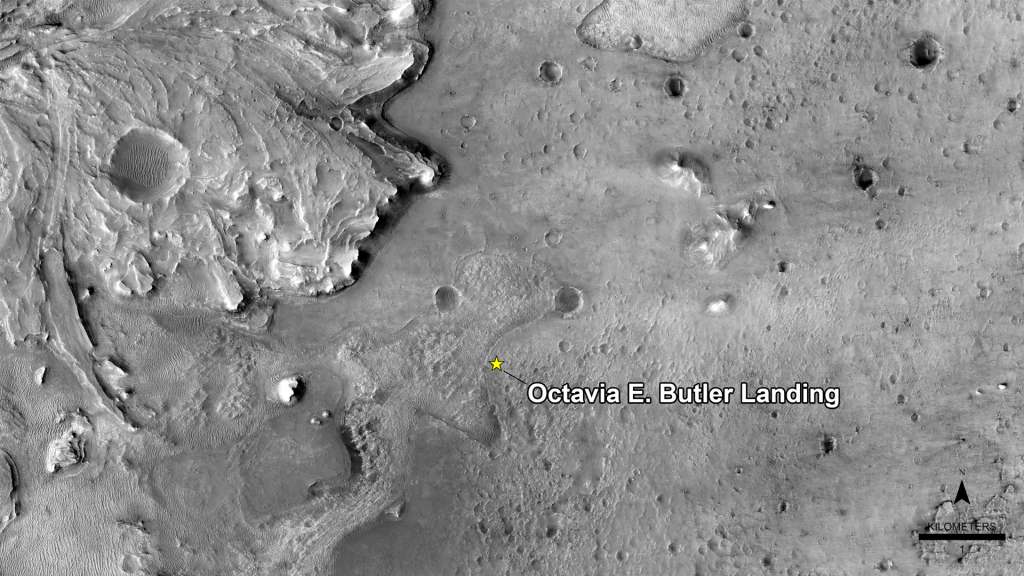 NASA has named the landing site of the agency’s Perseverance rover after the science fiction author Octavia E. Butler, as seen in this image from the High Resolution Imaging Experiment camera aboard NASA’s Mars Reconnaissance Orbiter