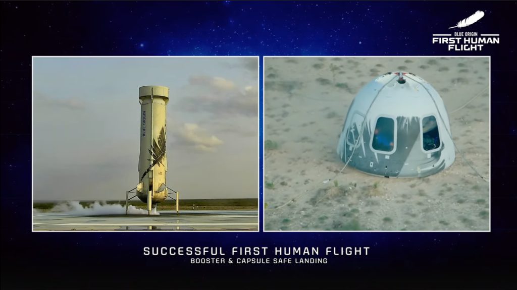 Success. The booster lands and shortly afterwards the capsule touches down softly. Credit: Blue Origin.