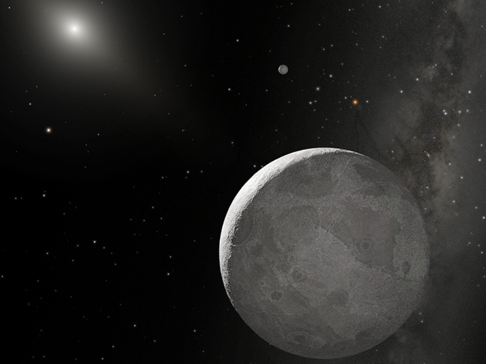 This artist's rendering of the large Kuiper Belt object Eris and its moon Dysnomia imagines the rest of the solar system as a distant, dusty disk. Credit: NASA/ESA/STScI.