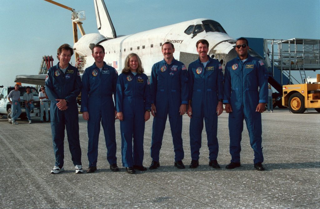 Following the landing of the Space Shuttle Discovery on runway 33 at the Kennedy Space Center (KSC), the six member crew poses for a final crew portrait. The landing, at 7:08 a.m. (EDT), August 19, 1997, marked the completion of a successful 12-day STS-85 mission. Left to right are payload specialist Bjarni Tryggvason of the Canadian Space Agency (CSA), along with astronauts Stephen K. Robinson, mission specialist; N. Jan Davis, payload commander; Curtis L. Brown, Jr., mission commander; Kent V. Rominger, pilot; and Robert L. Curbeam, Jr., mission specialist. Credit: NASA.