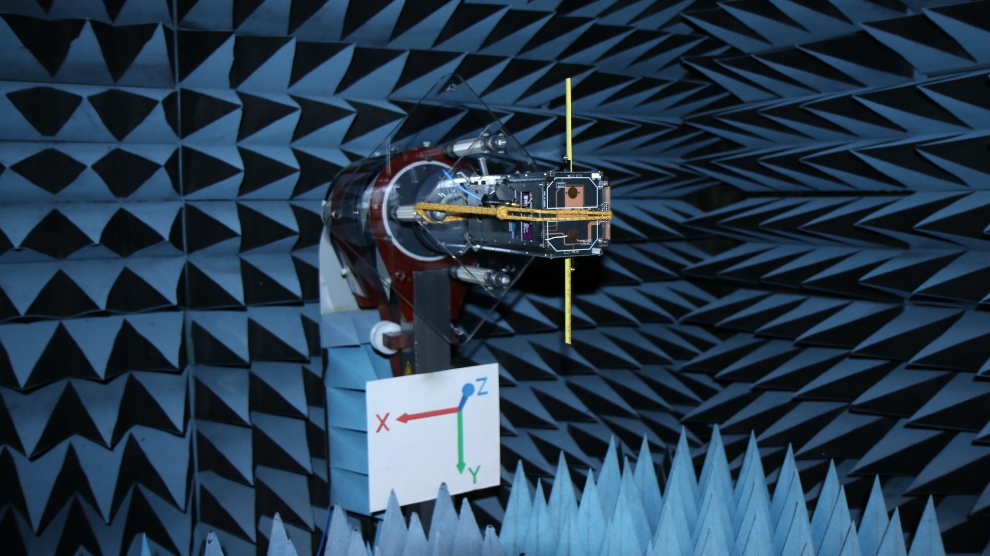 ORCASat goes through vibration testing at the Antenna Test Lab Co. of Raleigh, NC. Credit: University of Victoria.
