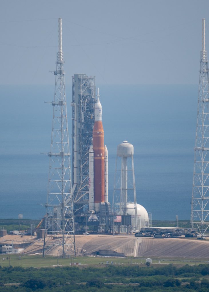 NASA’s Space Launch System (SLS) rocket with the Orion spacecraft aboard is seen atop a mobile launcher at Launch Pad 39B,. Credit: NASA.